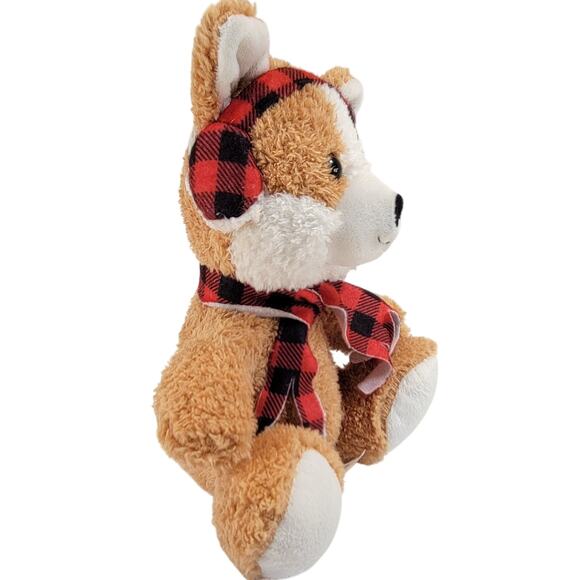 Light Brown Dog Plush Stuffed Animal 7" Red Plaid Earmuffs Scarf Soft Toy Corgi - Picture 12 of 15